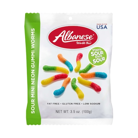 Albanese World's Best Sour Neon Mini Worms 3.5 Oz. Bag, PK12